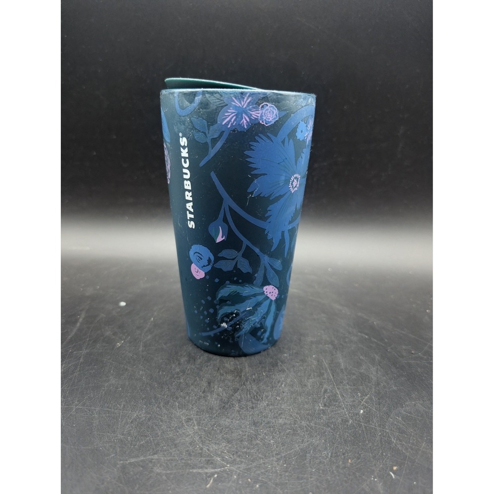 Starbucks 2021‎ Dark Blue Purple Floral Ceramic Travel Tumbler Mug with Lid 12oz